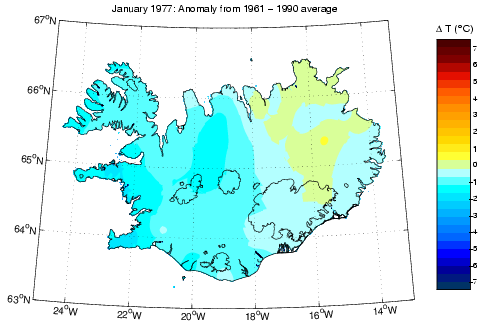 Frávik frá meðalhita í janúar 1977