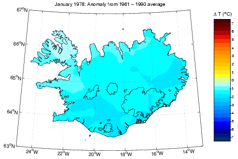 Frávik frá meðalhita í janúar 1978