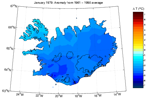 Frávik frá meðalhita í janúar 1979