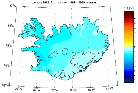 Frávik frá meðalhita í janúar 1982