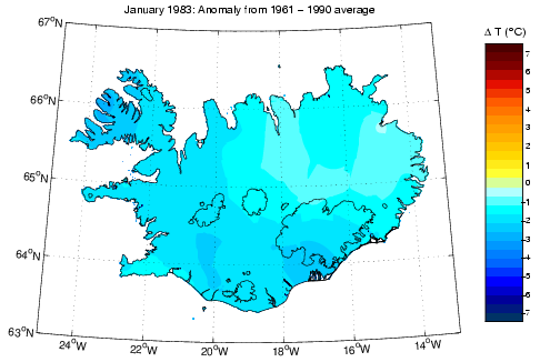 Frávik frá meðalhita í janúar 1983