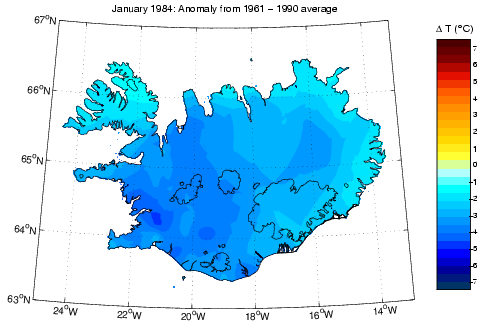 Frávik frá meðalhita í janúar 1984