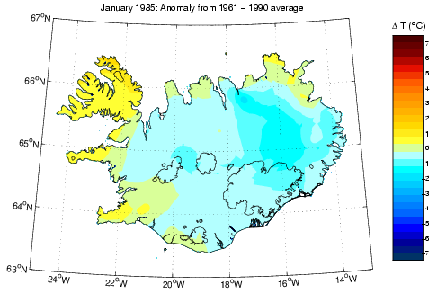 Frávik frá meðalhita í janúar 1985