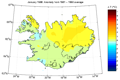 Frávik frá meðalhita í janúar 1986