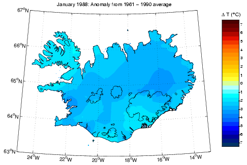 Frávik frá meðalhita í janúar 1988