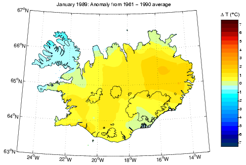 Frávik frá meðalhita í janúar 1989