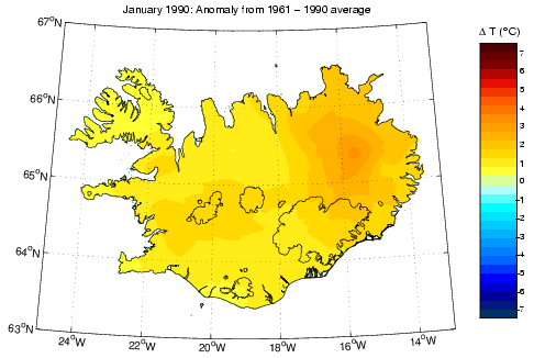 Frávik frá meðalhita í janúar 1990