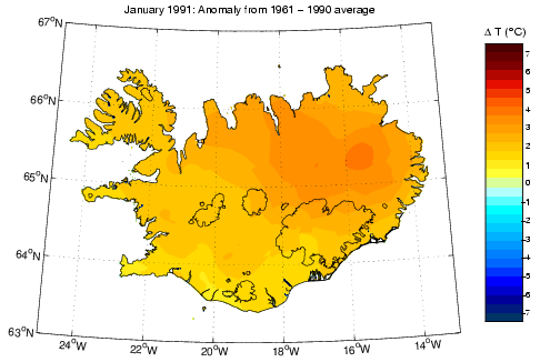 Frávik frá meðalhita í janúar 1991