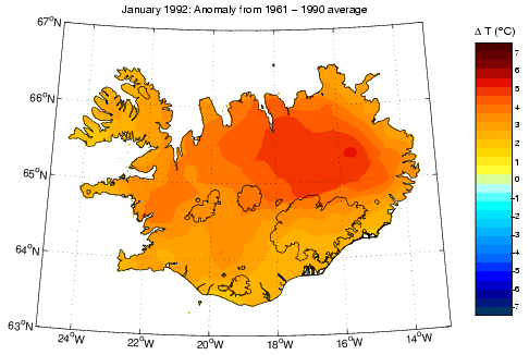 Frávik frá meðalhita í janúar 1992