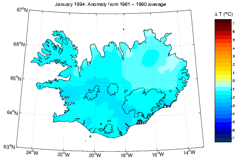 Frávik frá meðalhita í janúar 1994