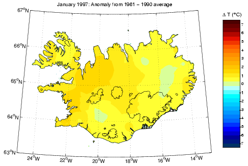 Frávik frá meðalhita í janúar 1997