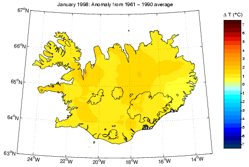 Frávik frá meðalhita í janúar 1998