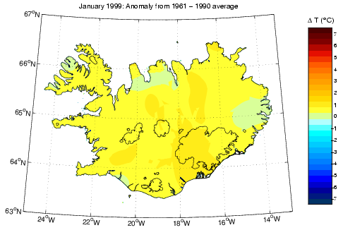 Frávik frá meðalhita í janúar 1999