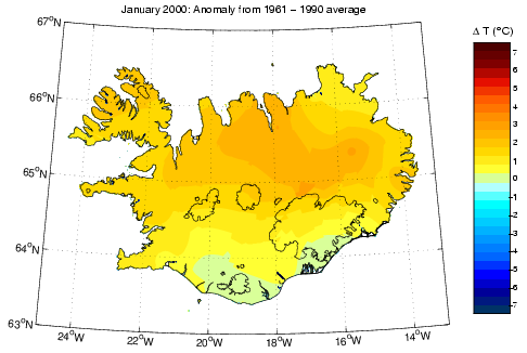 Frávik frá meðalhita í janúar 2000