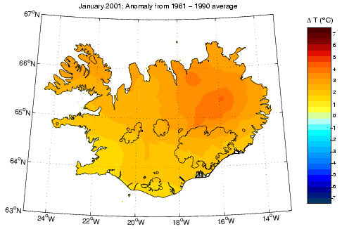 Frávik frá meðalhita í janúar 2001