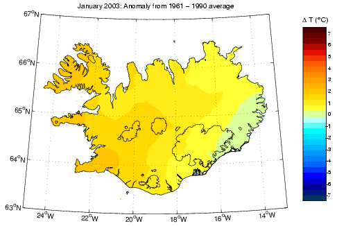 Frávik frá meðalhita í janúar 2003