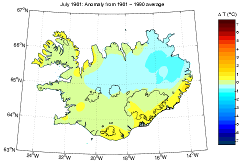 Frávik frá meðalhita í júlí 1961 