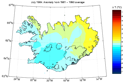 Frávik frá meðalhita í júlí 1964 