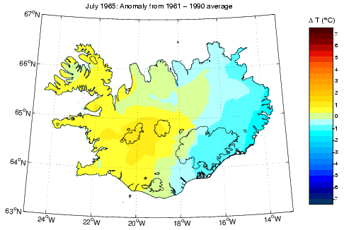 Frávik frá meðalhita í júlí 1965 