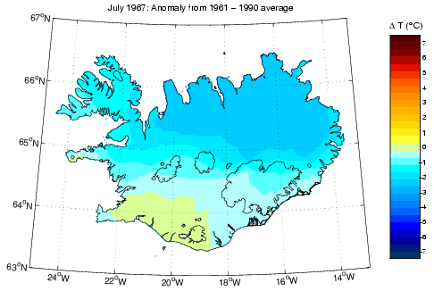 Frávik frá meðalhita í júlí 1967 