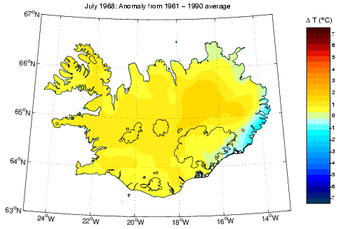 Frávik frá meðalhita í júlí 1968 