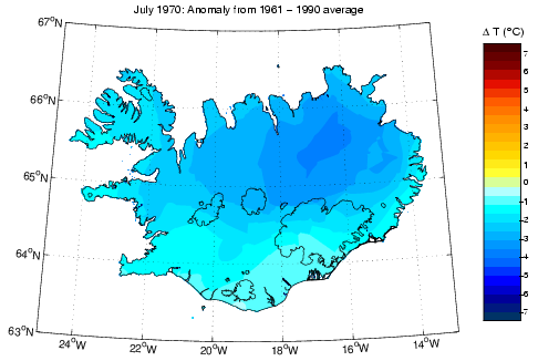 Frávik frá meðalhita í júlí 1970 