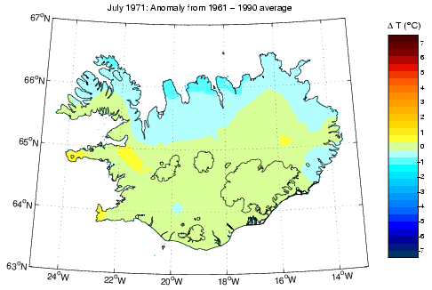 Frávik frá meðalhita í júlí 1971 