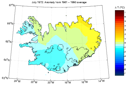 Frávik frá meðalhita í júlí 1972 