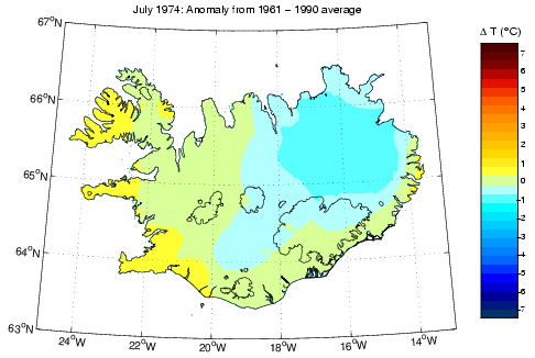 Frávik frá meðalhita í júlí 1974 