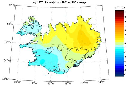 Frávik frá meðalhita í júlí 1975 