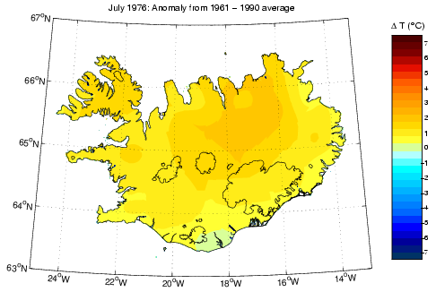 Frávik frá meðalhita í júlí 1976 