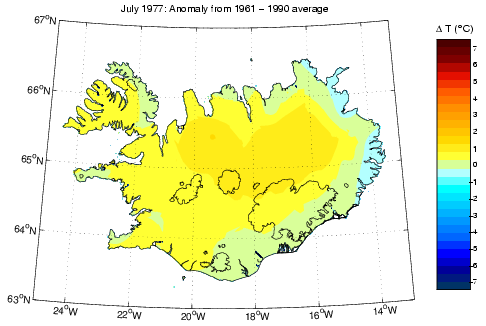 Frávik frá meðalhita í júlí 1977 