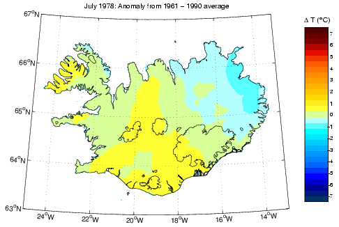 Frávik frá meðalhita í júlí 1978 