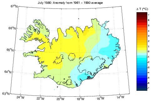 Frávik frá meðalhita í júlí 1980 