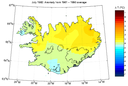 Frávik frá meðalhita í júlí 1982 