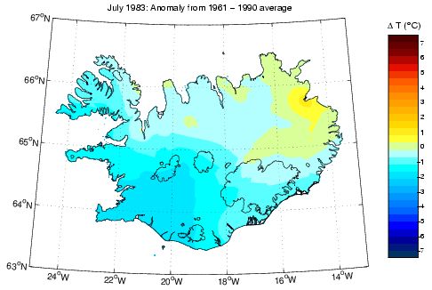 Frávik frá meðalhita í júlí 1983 