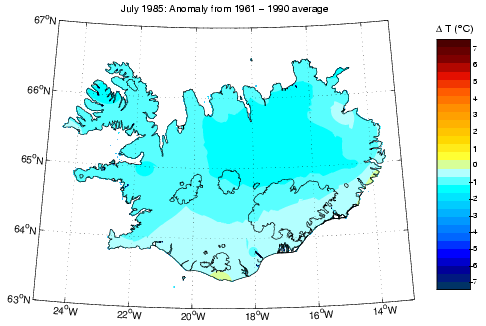 Frávik frá meðalhita í júlí 1985 