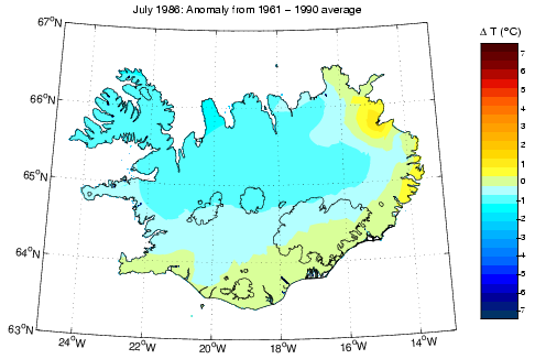 Frávik frá meðalhita í júlí 1986 