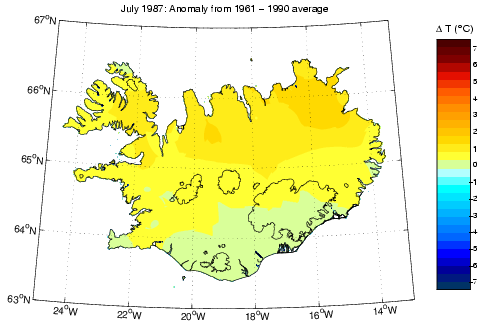 Frávik frá meðalhita í júlí 1987 