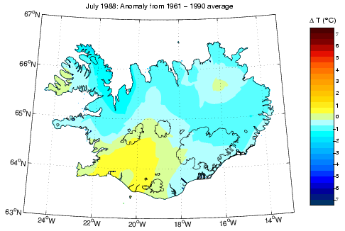 Frávik frá meðalhita í júlí 1988 