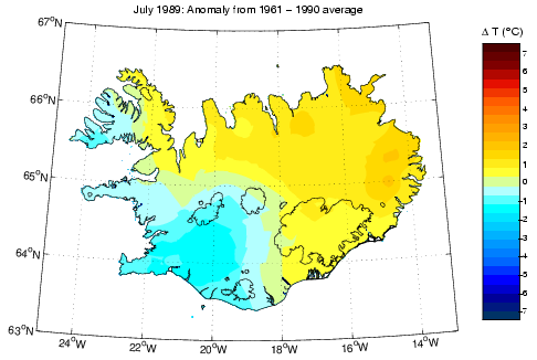 Frávik frá meðalhita í júlí 1989 