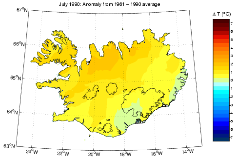 Frávik frá meðalhita í júlí 1990 