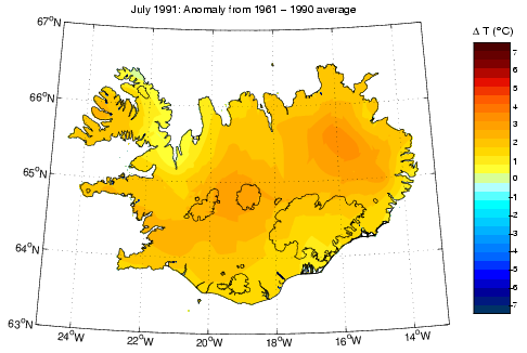 Frávik frá meðalhita í júlí 1991 