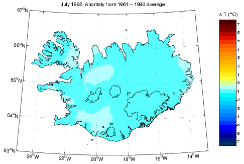 Frávik frá meðalhita í júlí 1992 