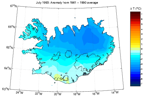 Frávik frá meðalhita í júlí 1993 