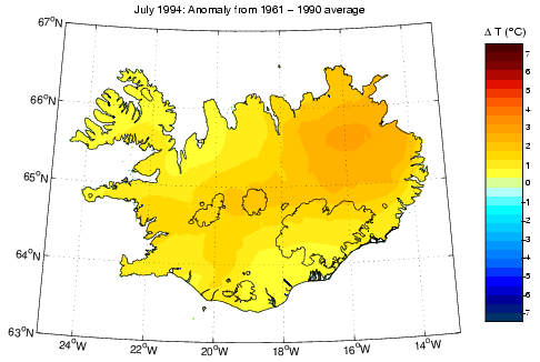 Frávik frá meðalhita í júlí 1994 