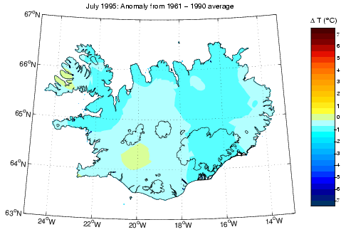 Frávik frá meðalhita í júlí 1995 