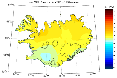 Frávik frá meðalhita í júlí 1996 