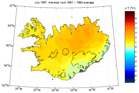 Frávik frá meðalhita í júlí 1997 