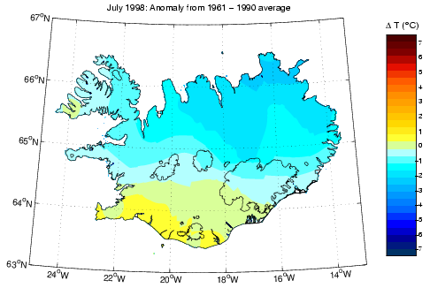 Frávik frá meðalhita í júlí 1998 